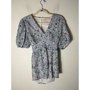 Tory Burch Gray Puff Sleeve Fitted V-Neck Top Sz 2